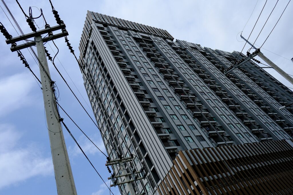 Modern office tower viewed from below