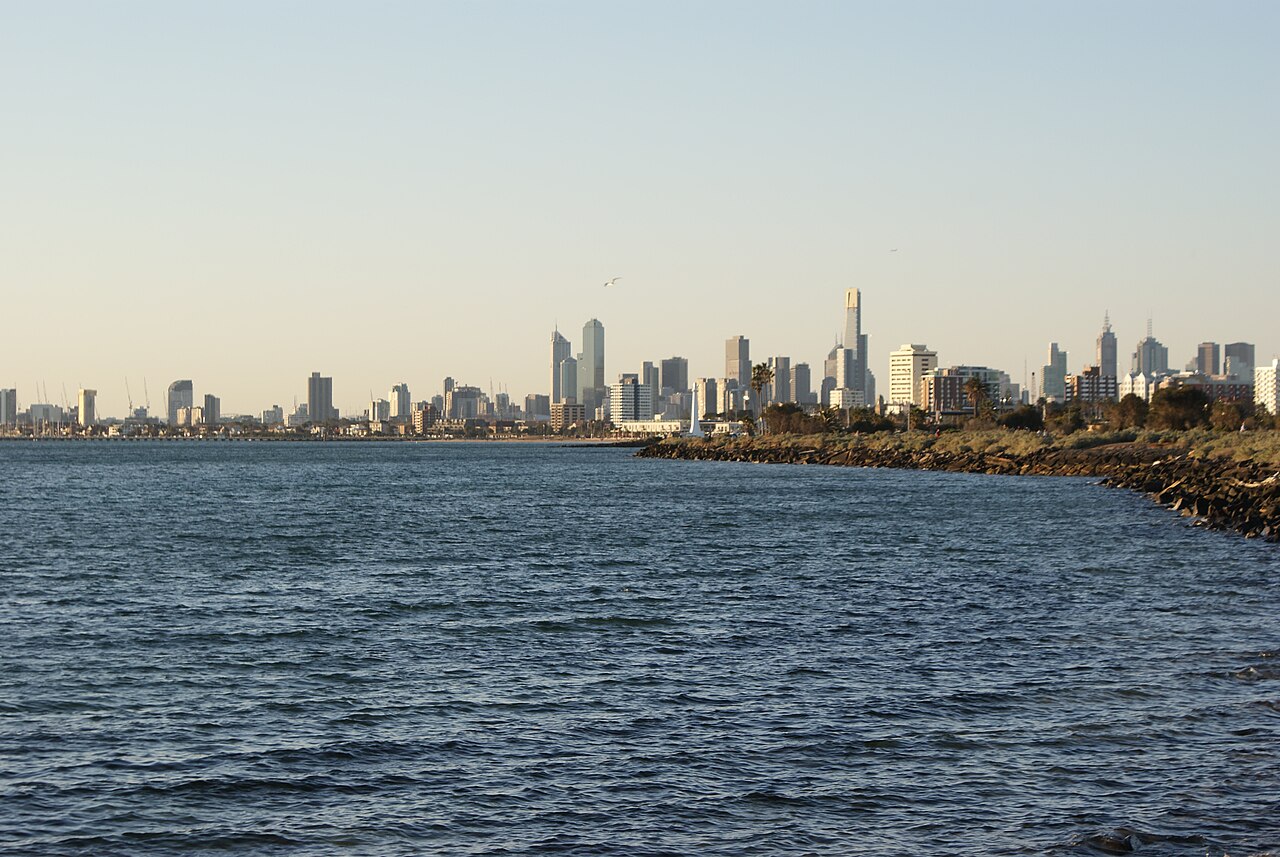 Melbourne city skyline across Port Phillip Bay, Australia